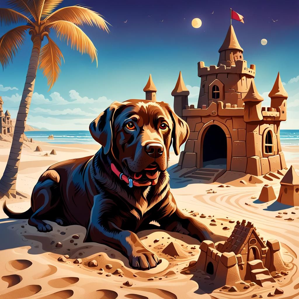 Chocolate Lab and Sandcastle Doghouse on Beach