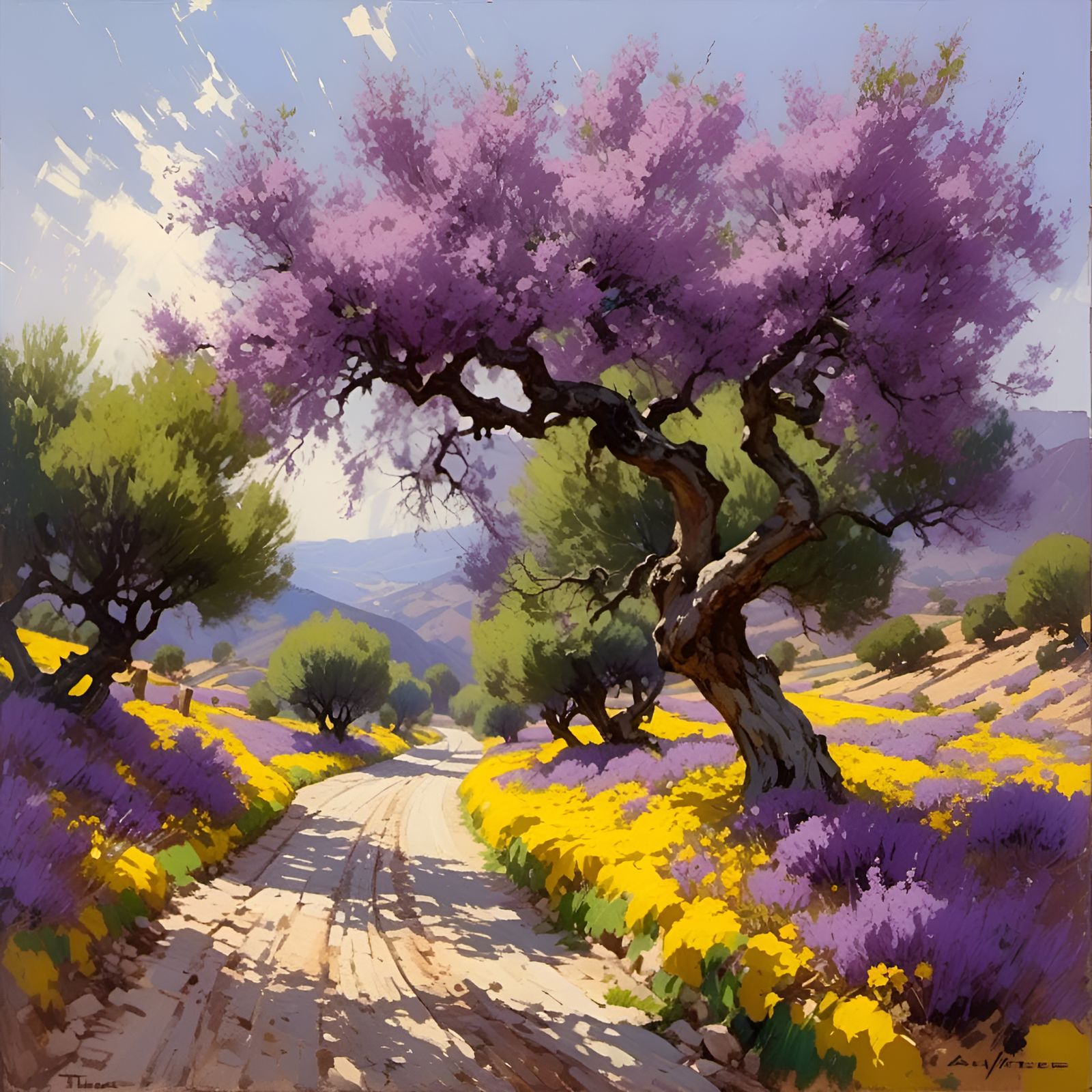 Olive Tree Road Painting in Atmospheric Style