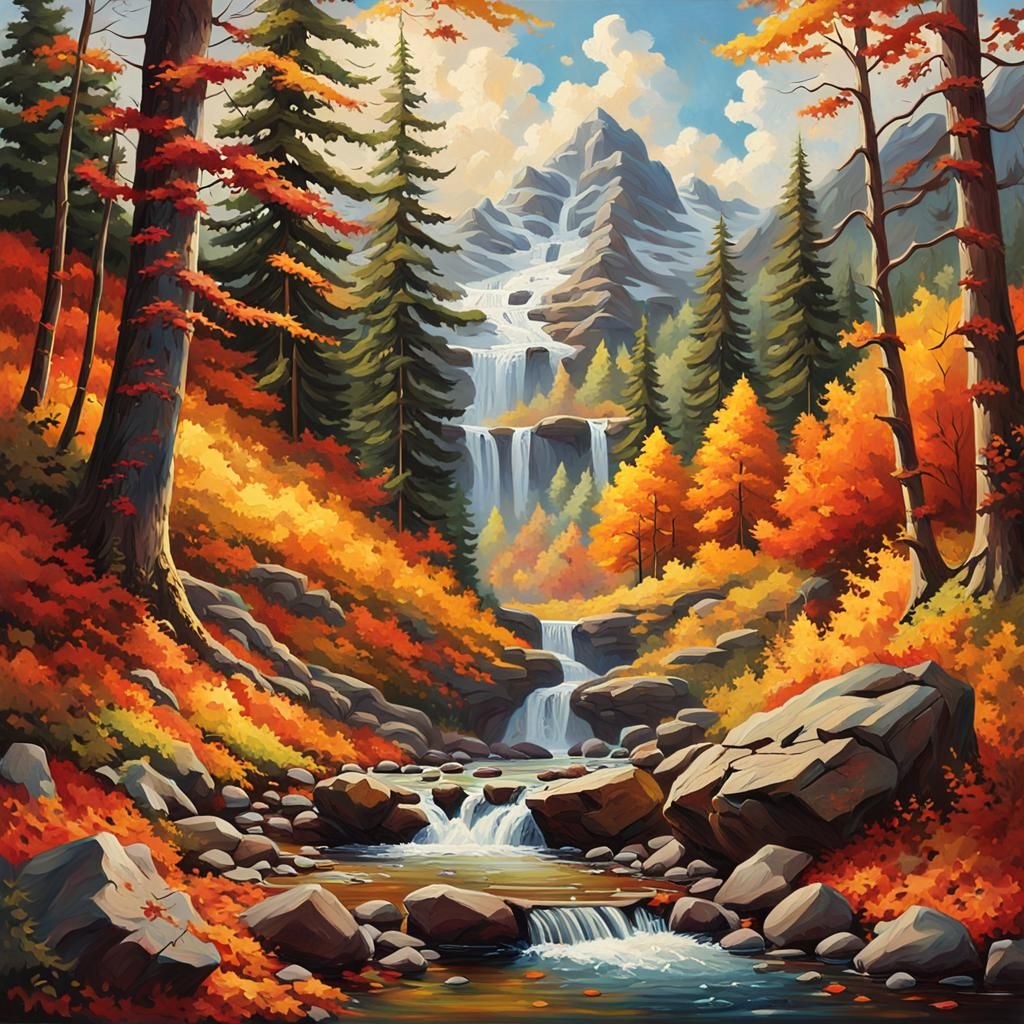 Mountain Landscape with Stream in Oil Painting Style