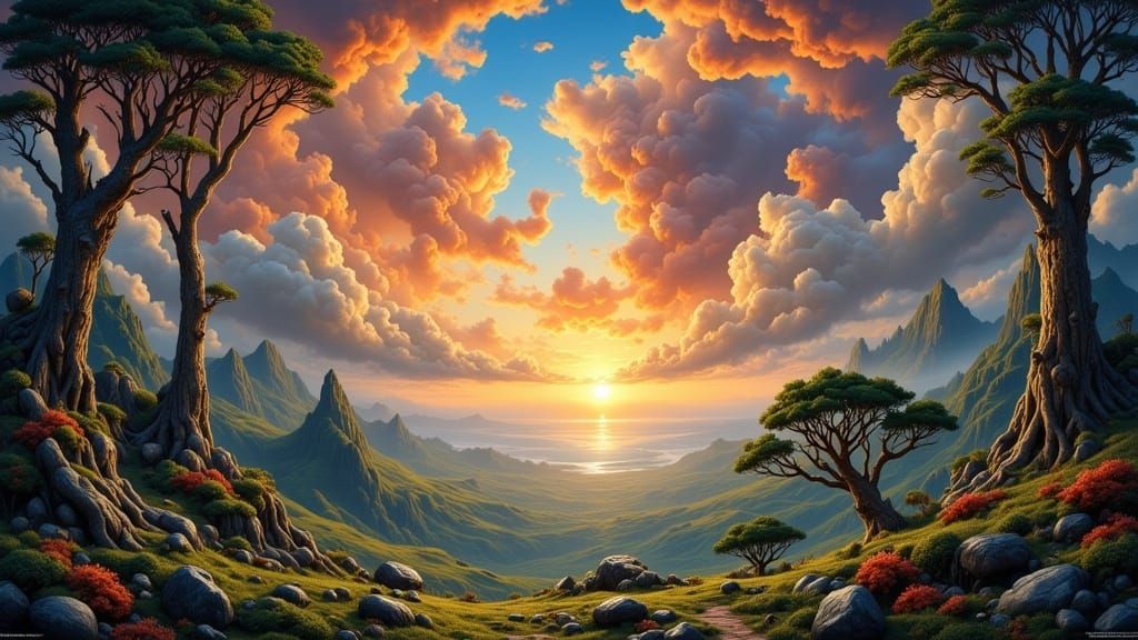 Dreamlike Landscape in Warm Oil Painting Colors