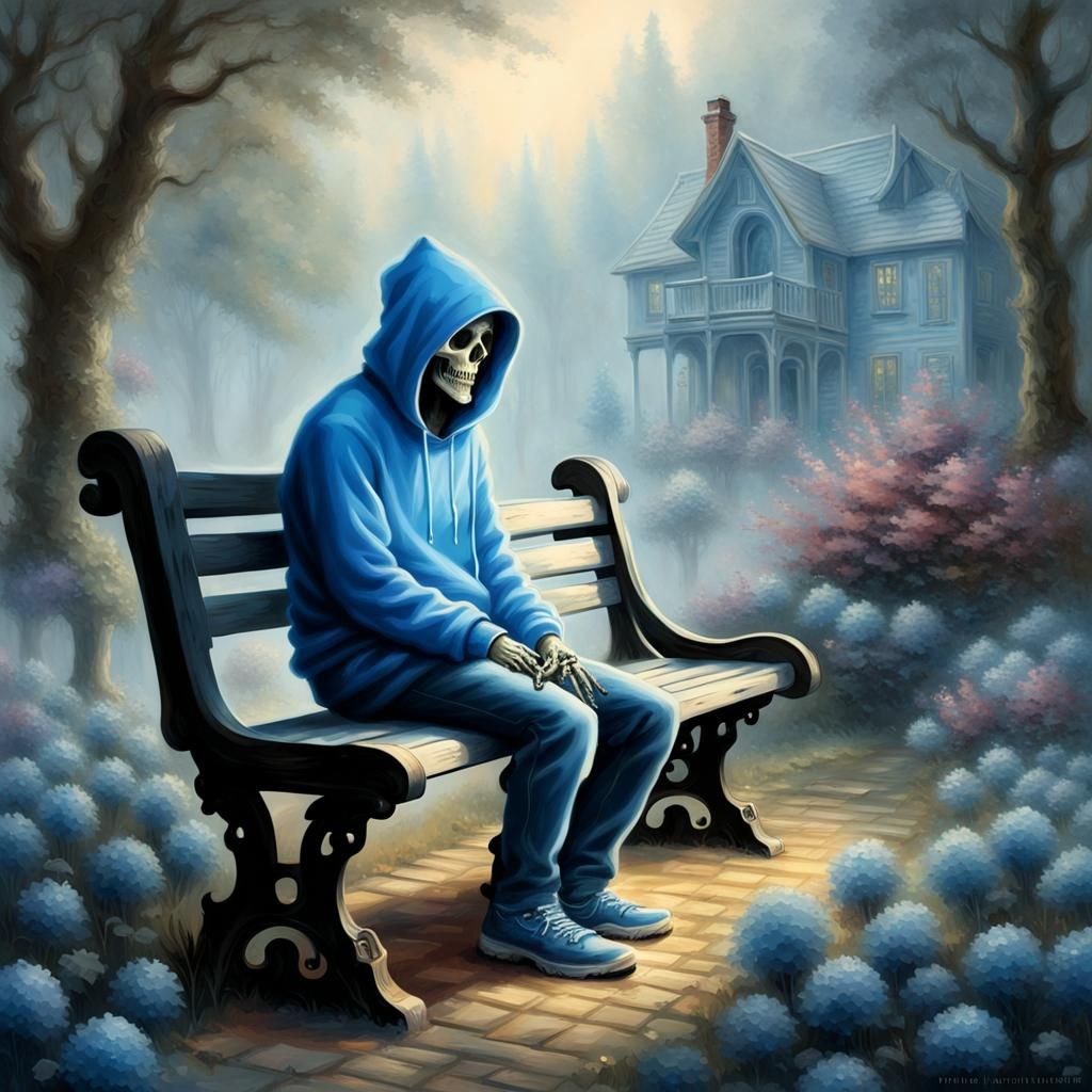 Skeleton in Blue Hoodie: Ethereal Fantasy Art