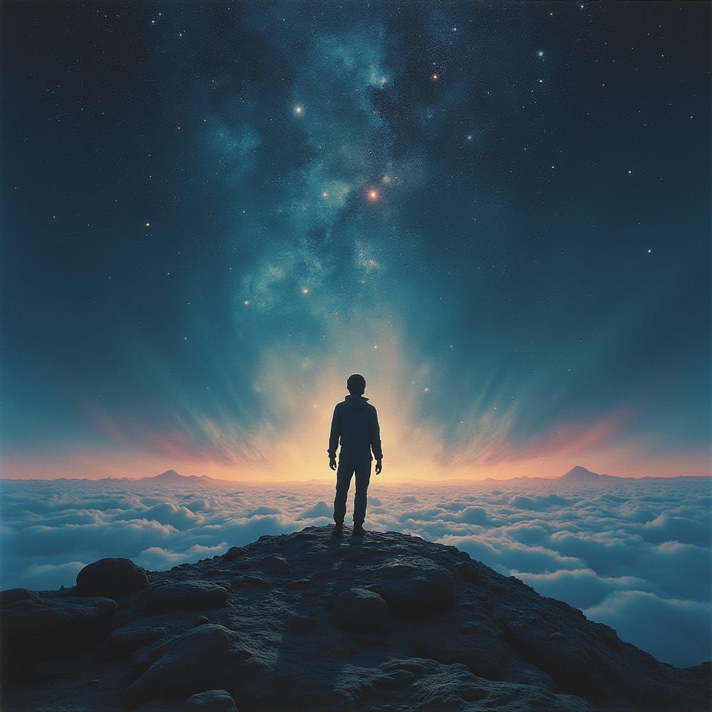 Mystical Figure Stands at Edge of Starry Expanse in Cosmic L...