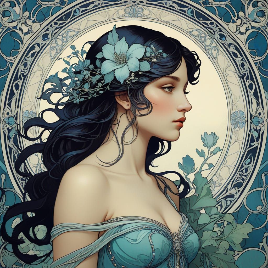 Art Nouveau Aphrodite in Garden, Alphonse Mucha Style