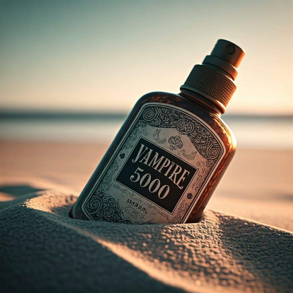 Elegant Vampire Sunscreen Bottle on a Sunlit Beach