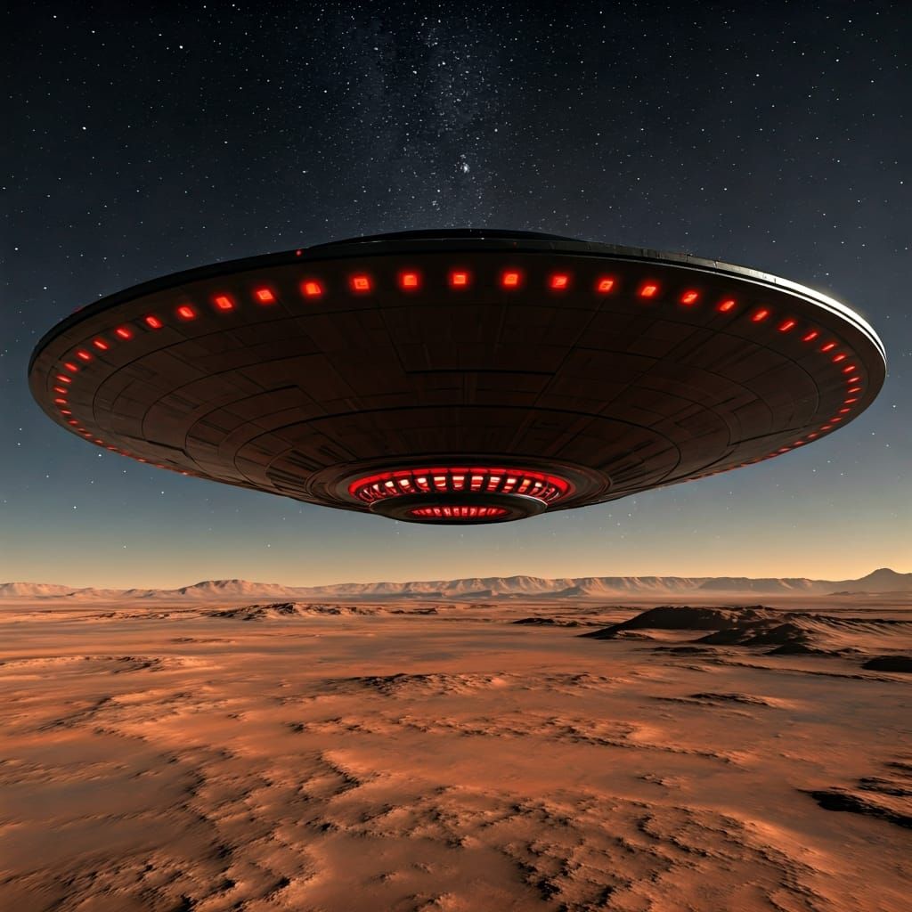 Futuristic UFO Soars Over Mars Landscape