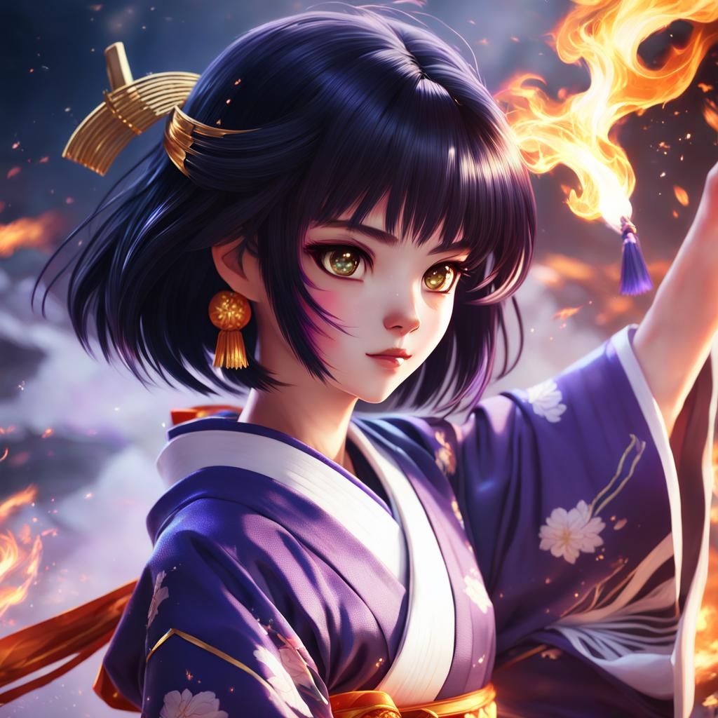 a close up of Sailor Saturn in a kimono with fire, japanese goddess, trending on cgsociety art, a beautiful fantasy empr...