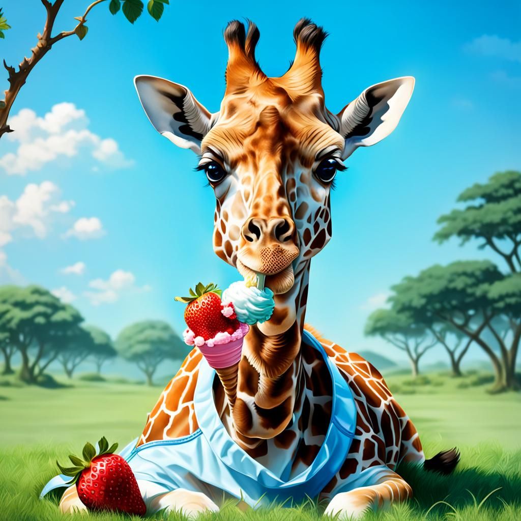 Fantasy portrait of a giraffe sitting on the grass eating a strawberry ice cream wearing a white bib with blue trim