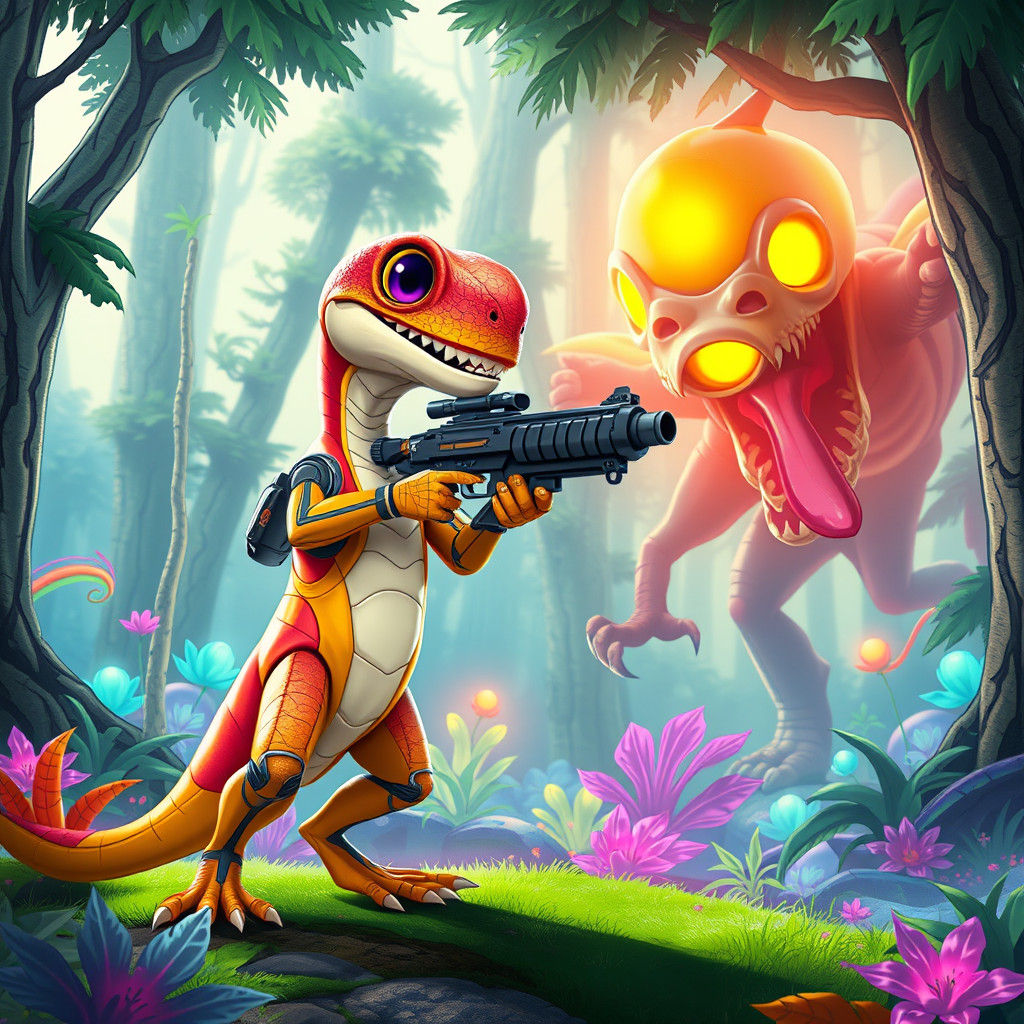 Cartoon Alien Dinosaur Confronts Monster in Fantasy Forest