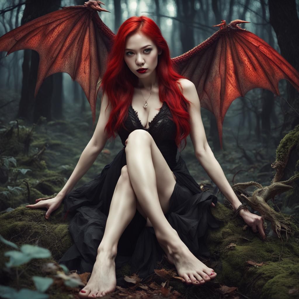 Redhead Asian Vampire Lady with Dragon Wings