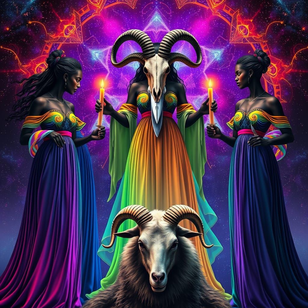 Surreal African Goddesses Gather Around Cosmic Goat Man in V...