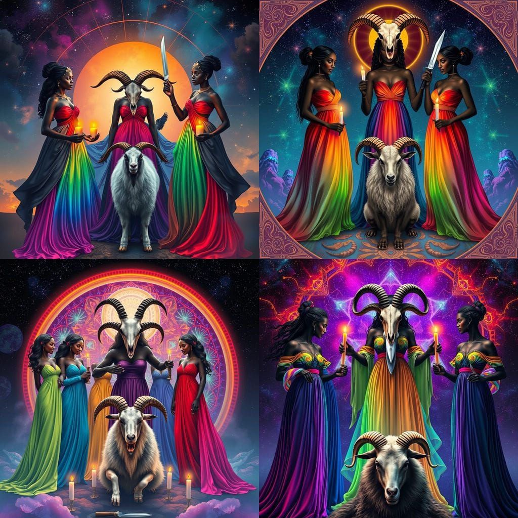 Surreal Women in Rainbow Dresses Gather Around Goat Man in C...