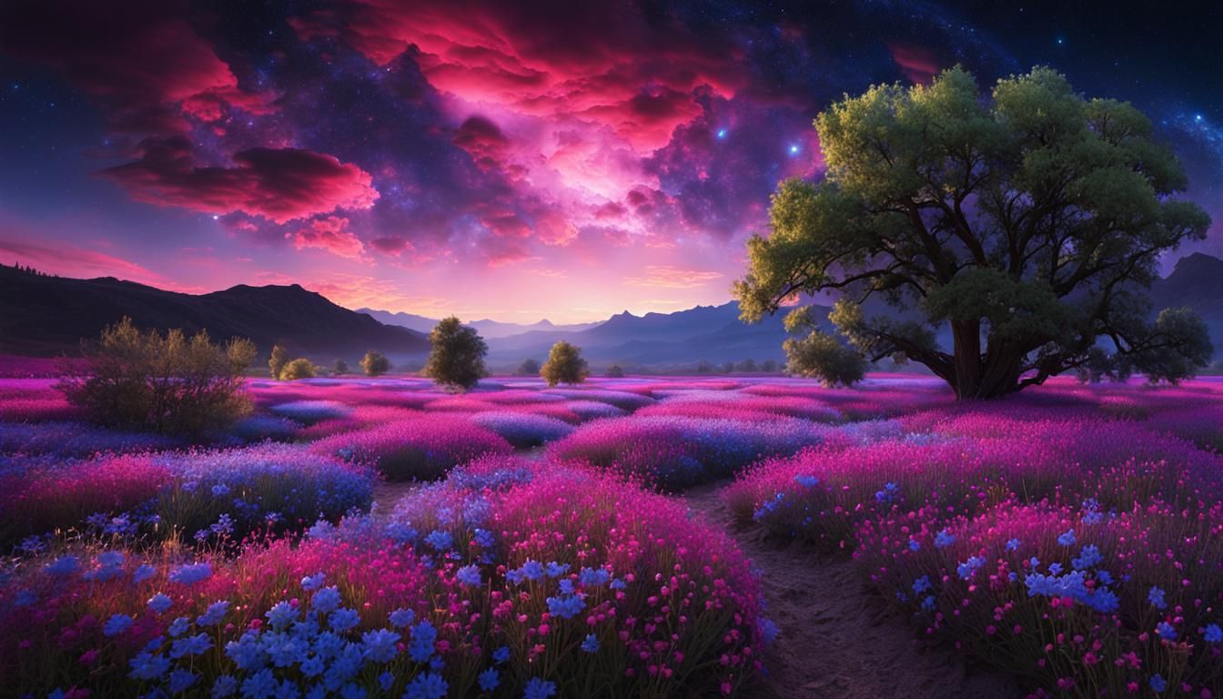 Bioluminescent Wildflower Field Under Cosmic Sky