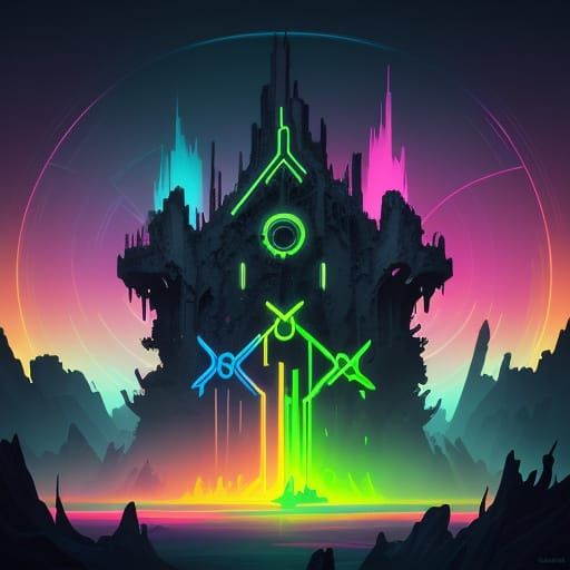 Dark Fantasy Warriors in Ancient Ruins, Vibrant Neon Digital...