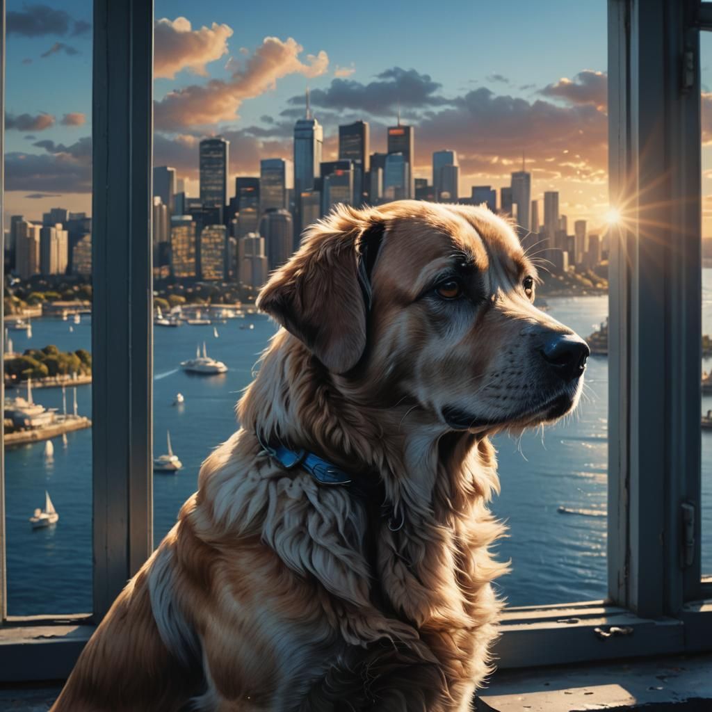 Dog Gazes at Sydney Harbour: Anime Style Digital Art
