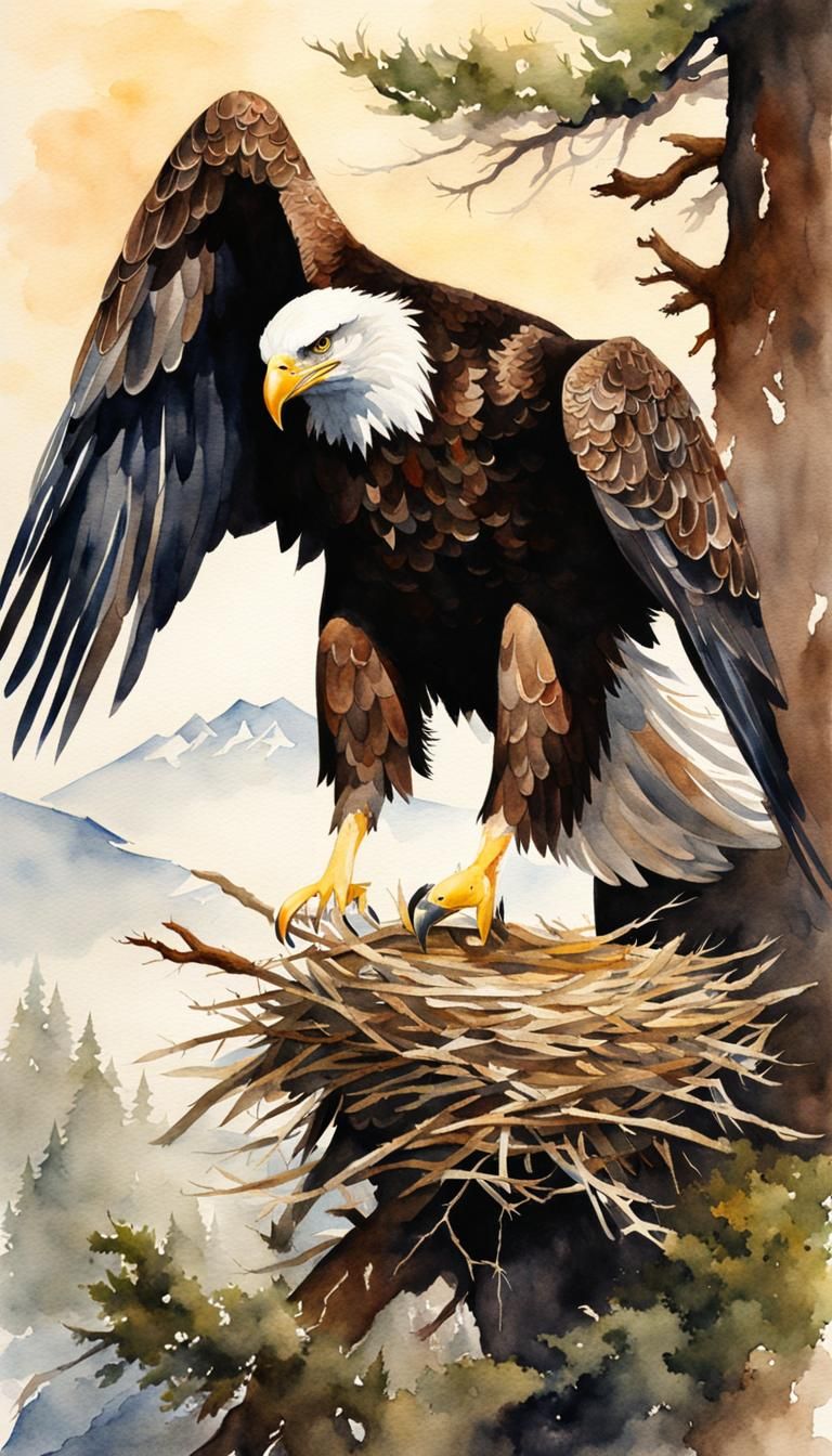 Watercolor Eagle Contemplates Empty Nest