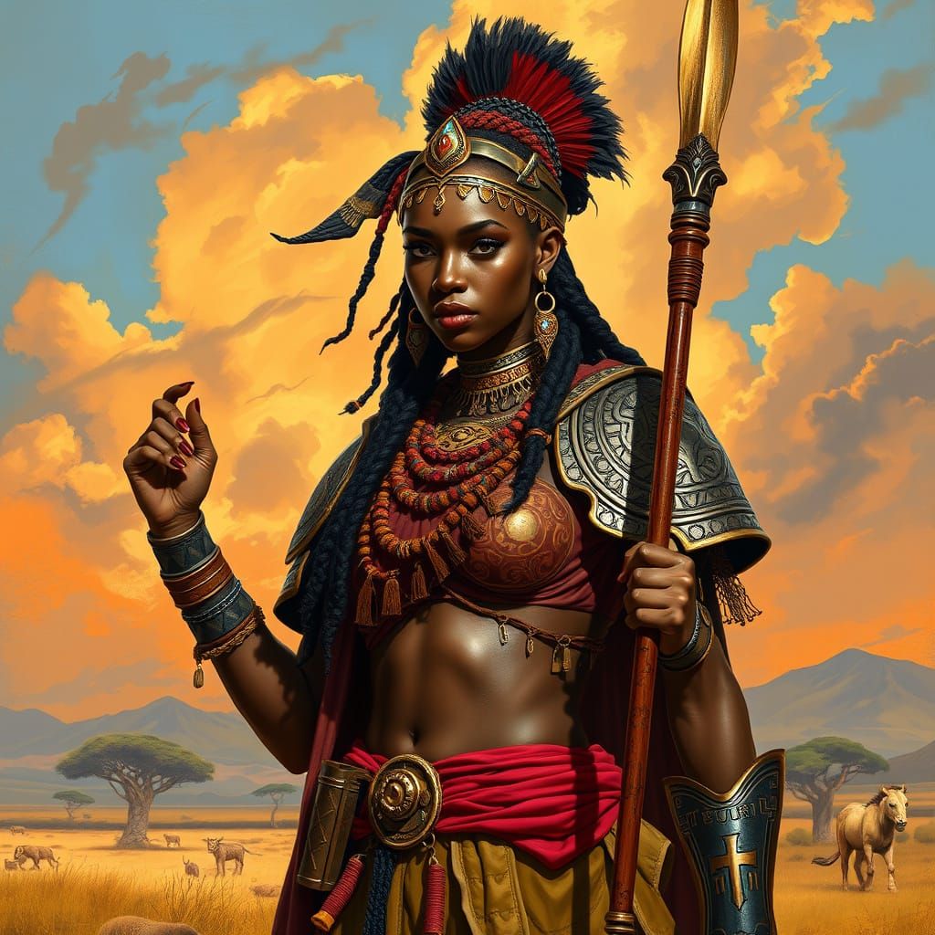African Warrior in Savannah, Digital Painting