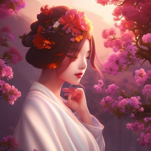 Crying Girl with Flowers: Digital Art Portrait