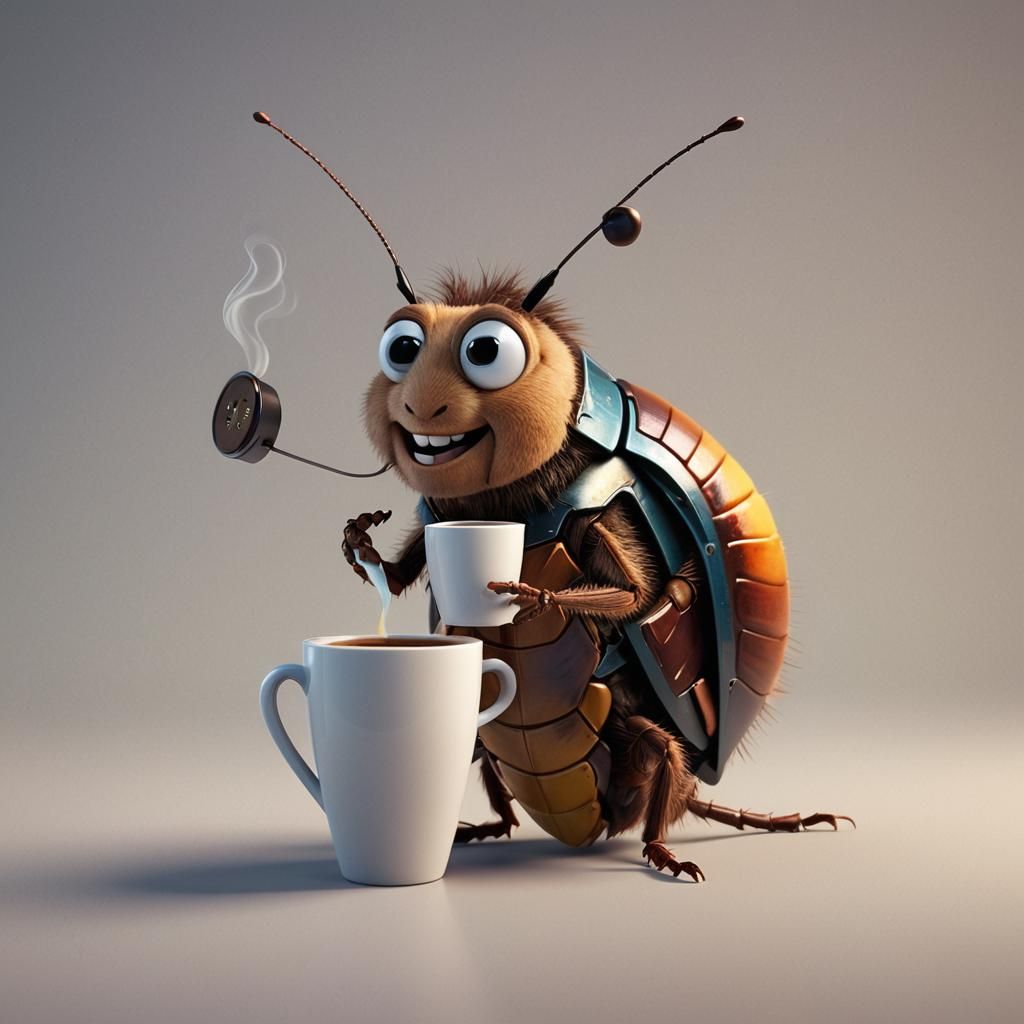 Fluffy Cockroach with Coffee: Pixar-Style 3D Art