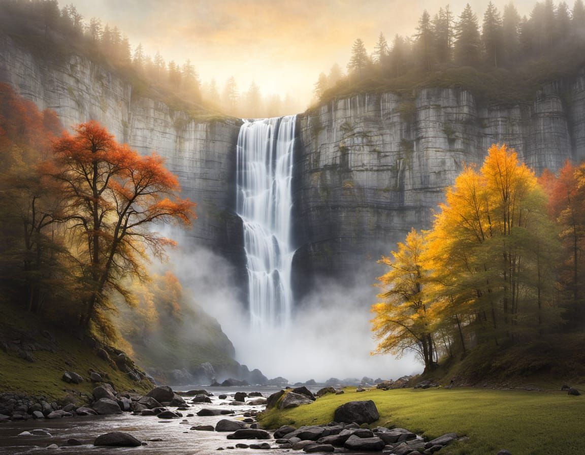 Misty Valley Waterfall at Sunrise