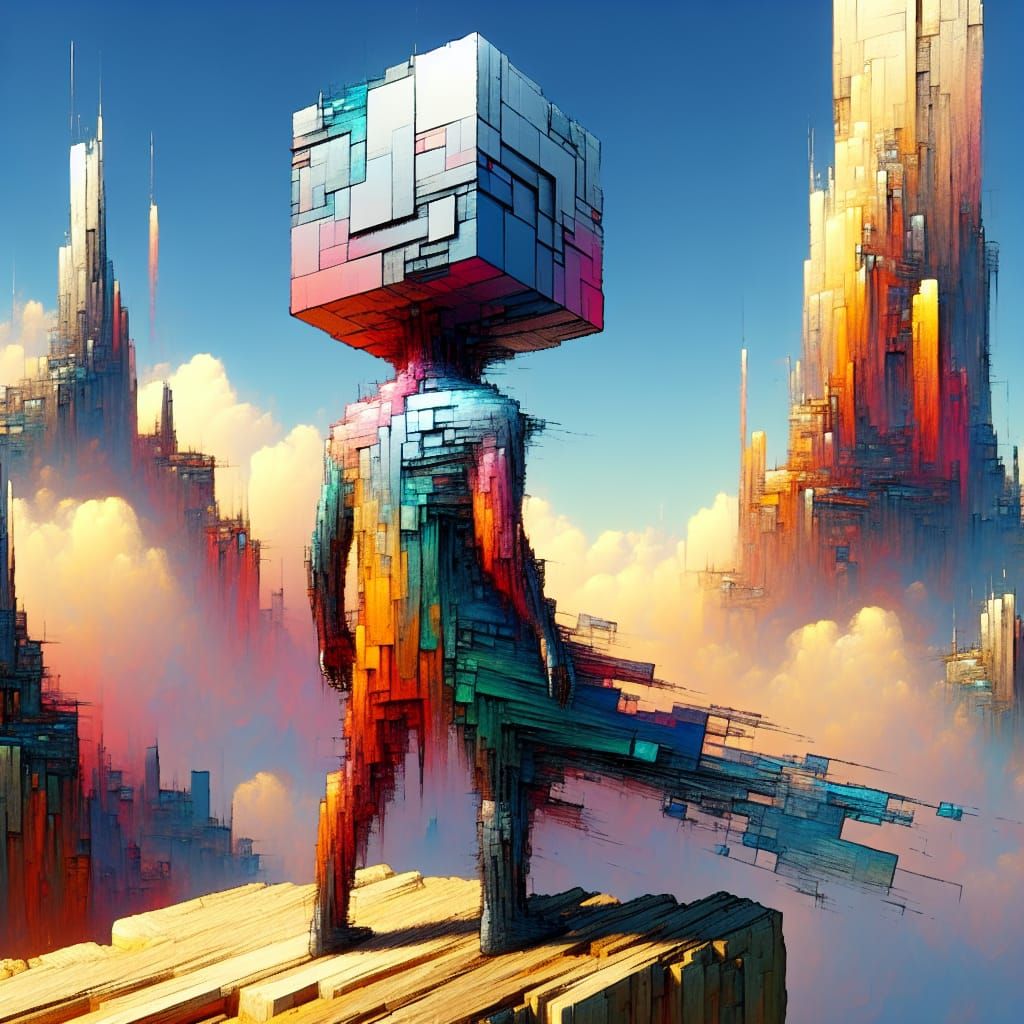 Skypunk Figure with Holographic Cube Head, Impasto Style