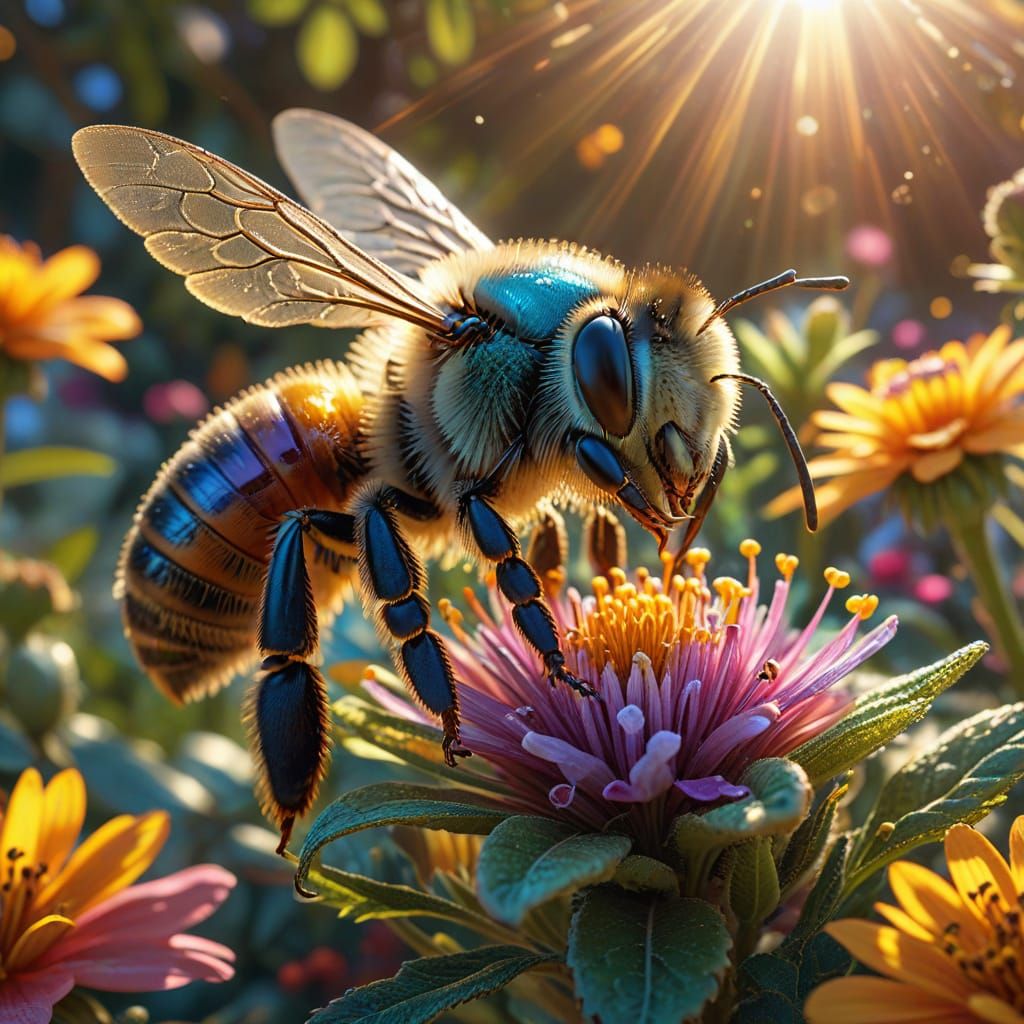 Bee Collecting Nectar in Vibrant Garden