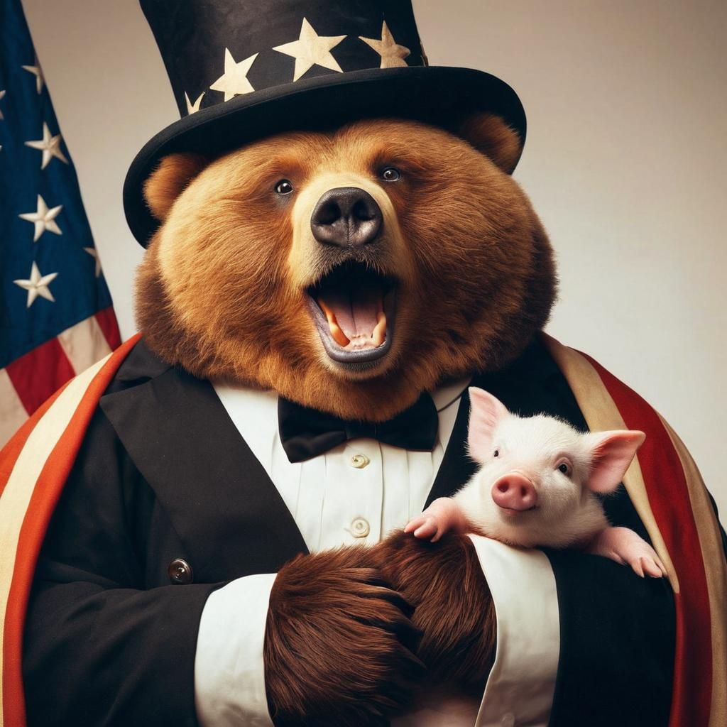 Bear as Lincoln Holding Piglet: Close-up Photograph