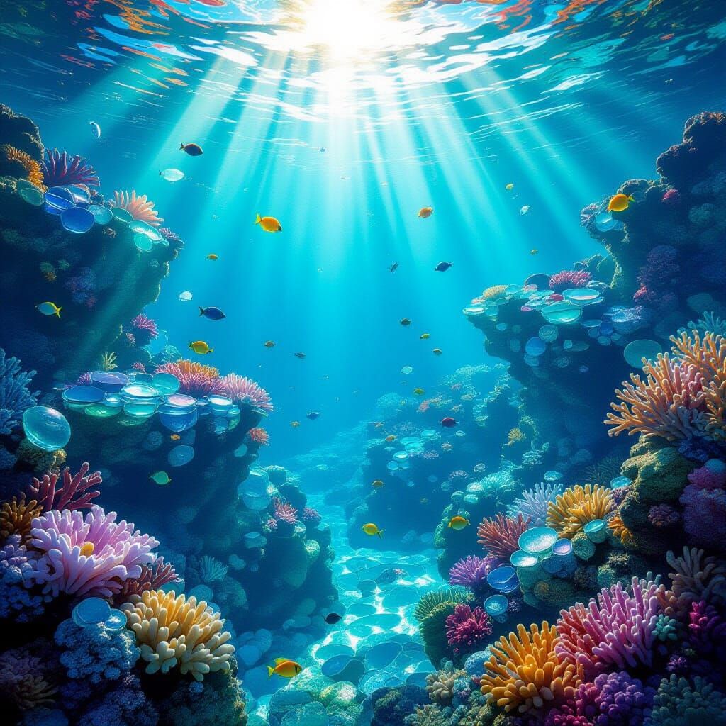 Underwater Kingdom of Sea Glass with Marine Life