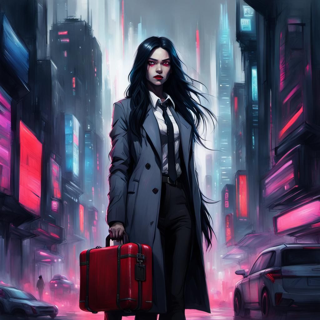 Cyberpunk Woman with Red Suitcase in Futuristic City