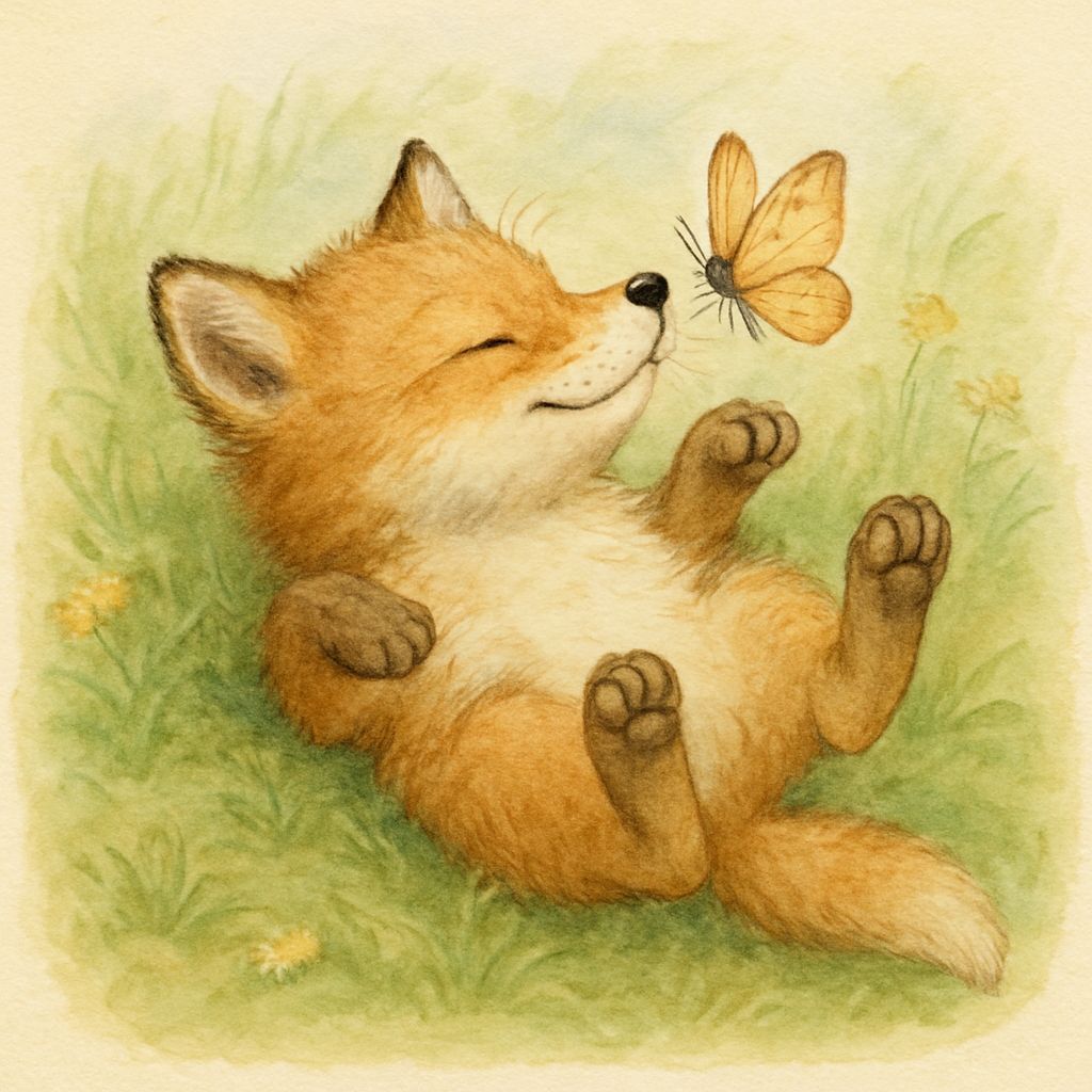 Relaxed Baby Fox in Children's Book Illustration Style