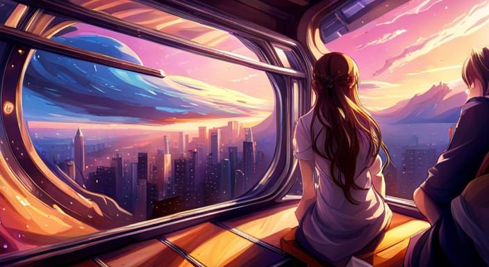 Galaxy Express Train Interior in Anime Style