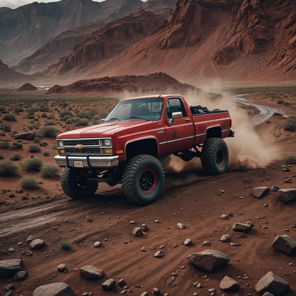 Red Lifted Chevy Truck: Off-Road Digital Painting