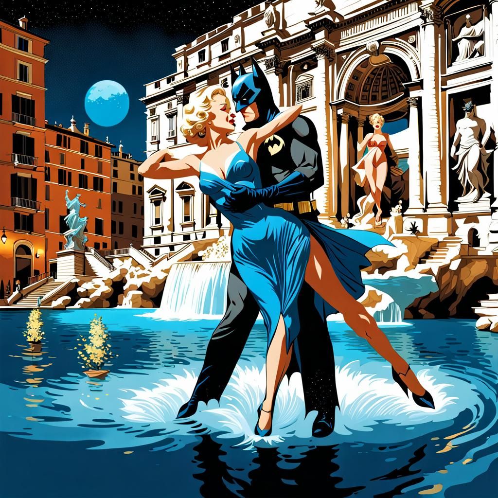 MARILYN MONROE DANCING with BATMAN in "Fontana di Trevi