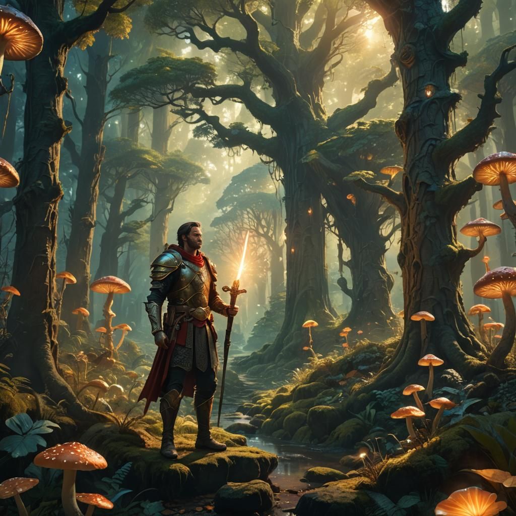 Hero in Mystical Forest: Fantasy Matte Painting