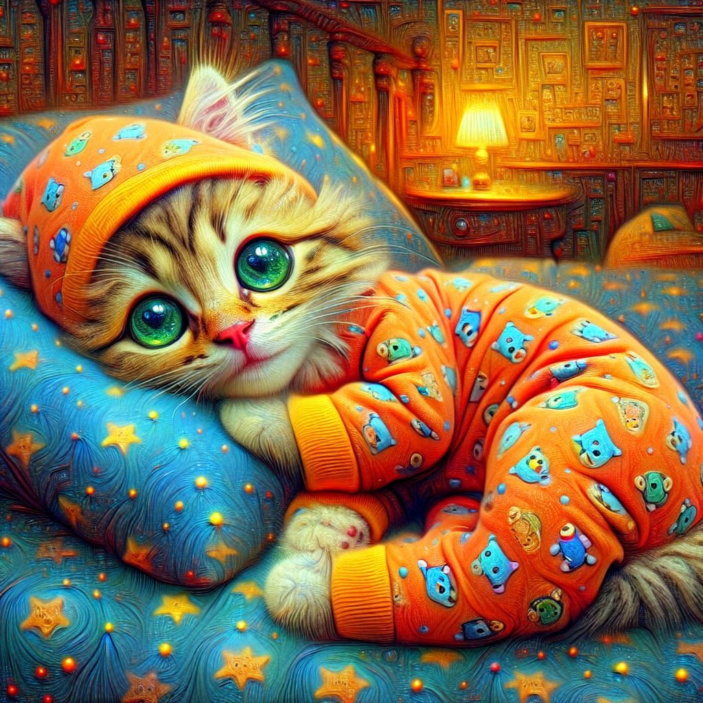 Fluffy Kitten in Pajamas: A Surreal Pop Art Dream