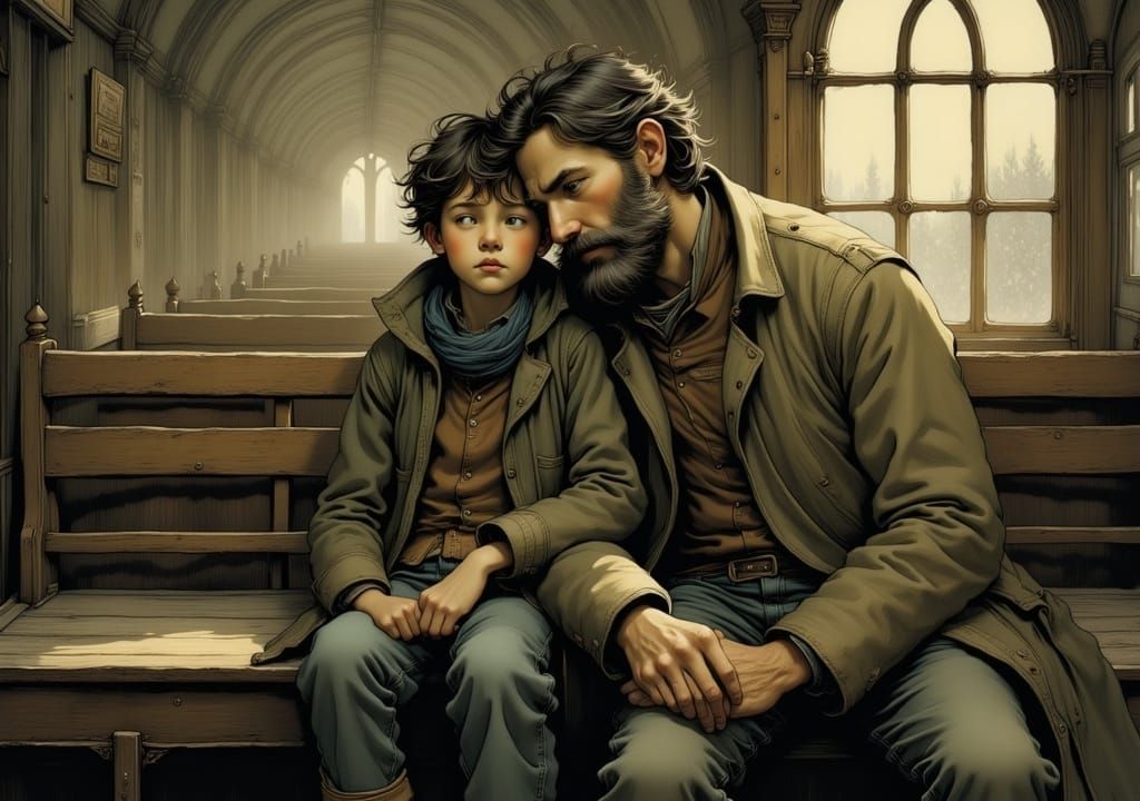 Boy Sleeps on Father's Shoulder: Whimsical Illustration