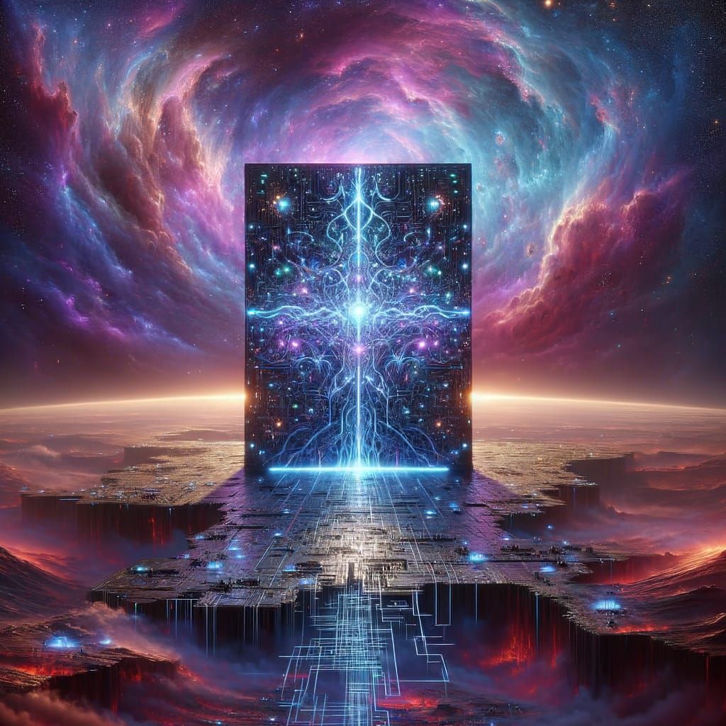 Futuristic Sci-Fi Monolith with Neon Name in Deep Space