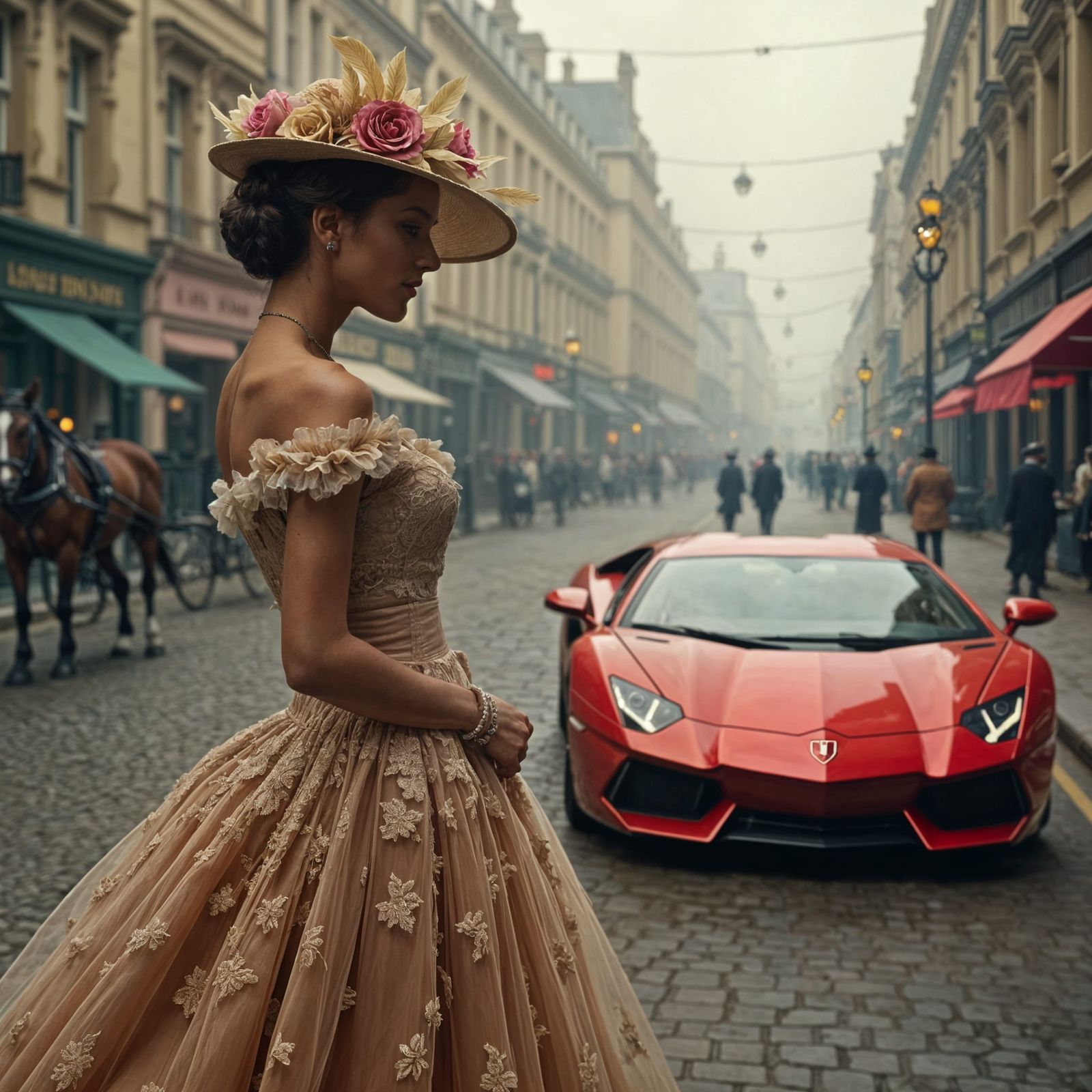 Victorian Woman and Lamborghini, Impressionistic Style