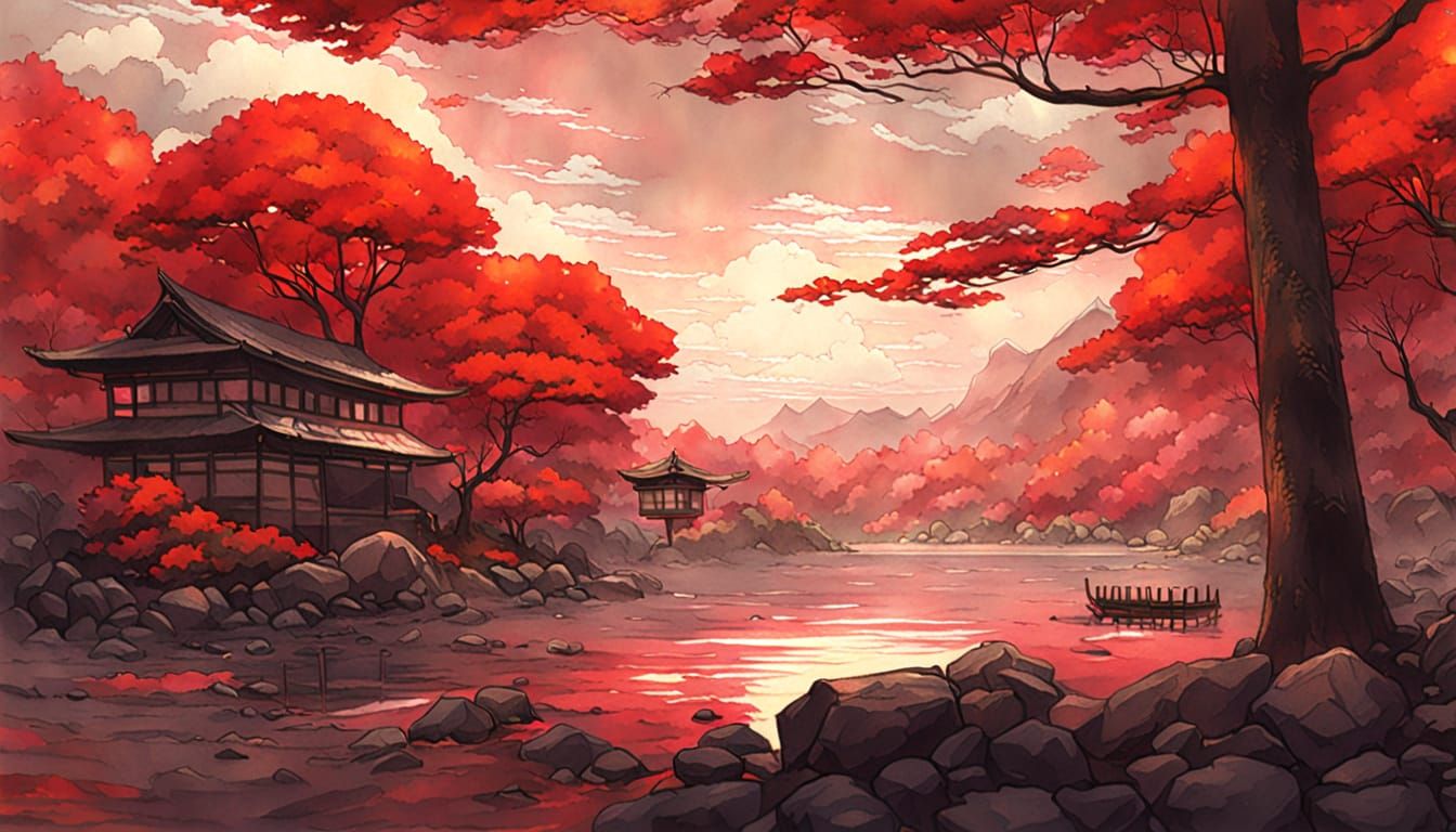 Zen Garden with Red Maple in Japanese Art Style