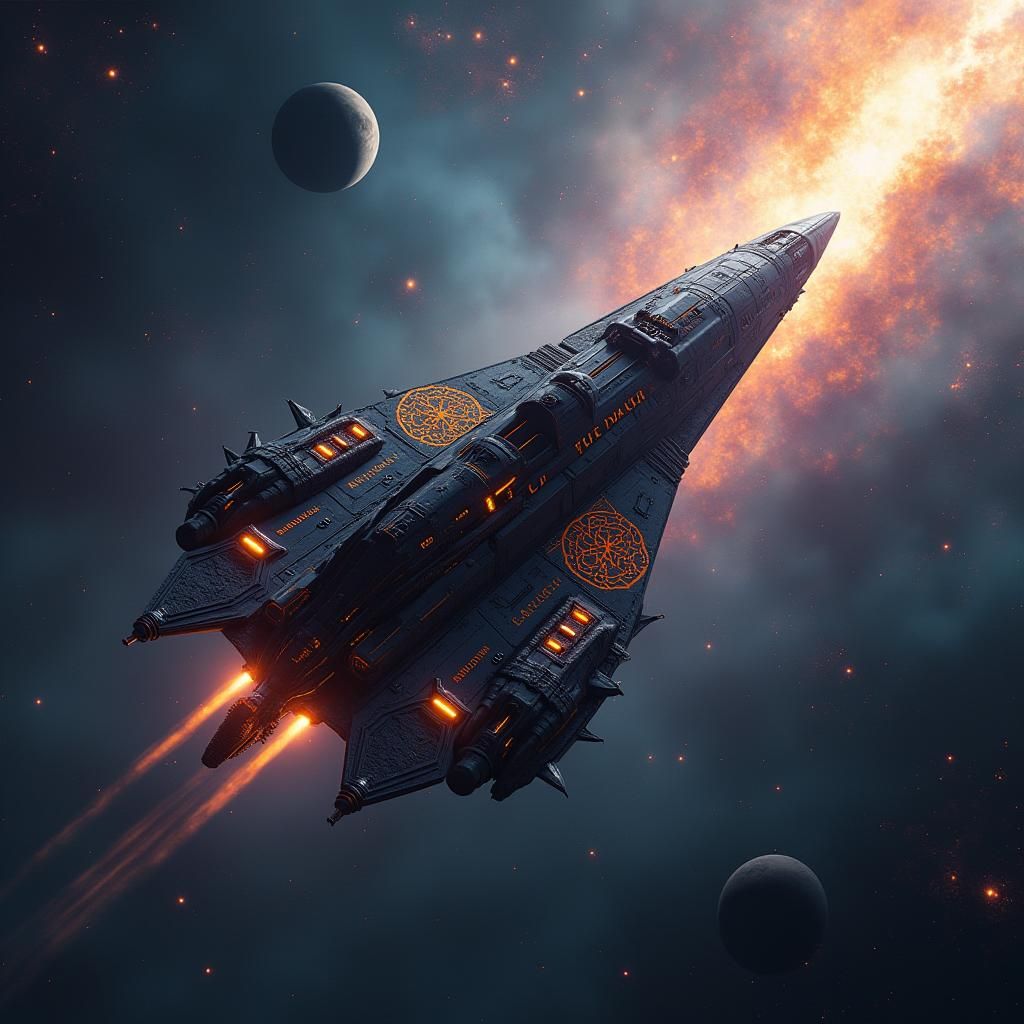 Pirate Spaceship Among Nebulas in a Futuristic Style