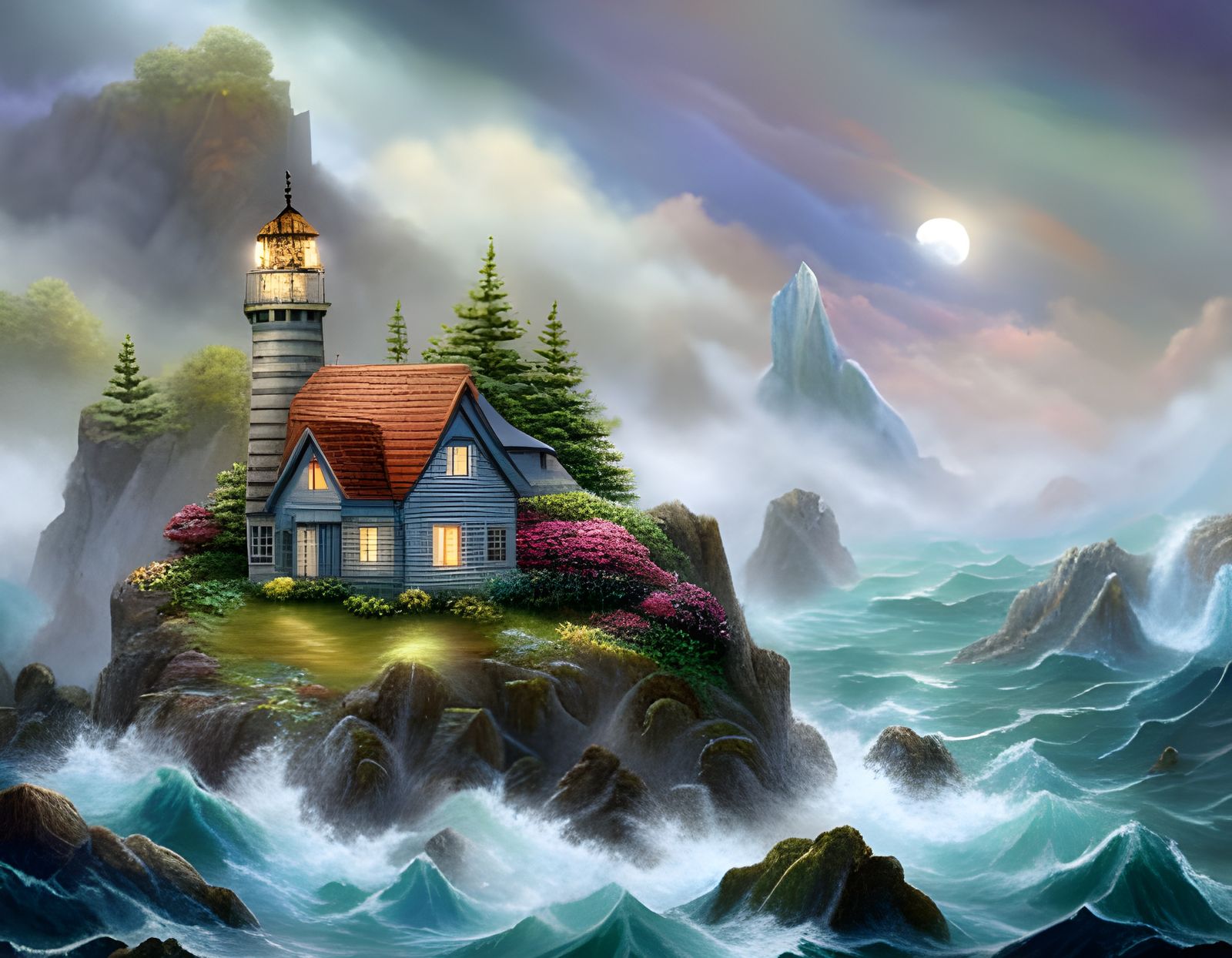 The origami lighthouse seascape ethereal fantasy hyperdetailed mist Thomas Kinkade