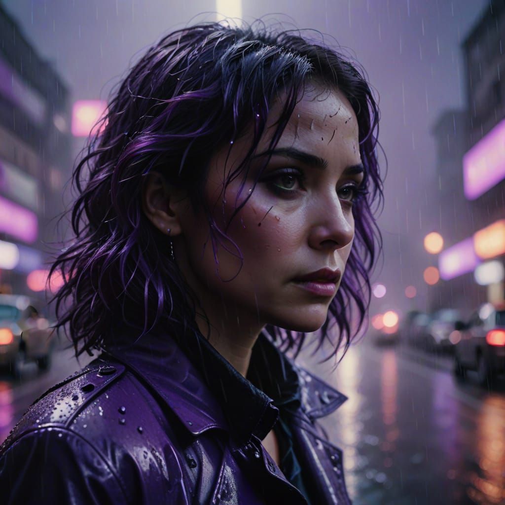 Pensive Woman in Purple Rain Cinematic Film Still