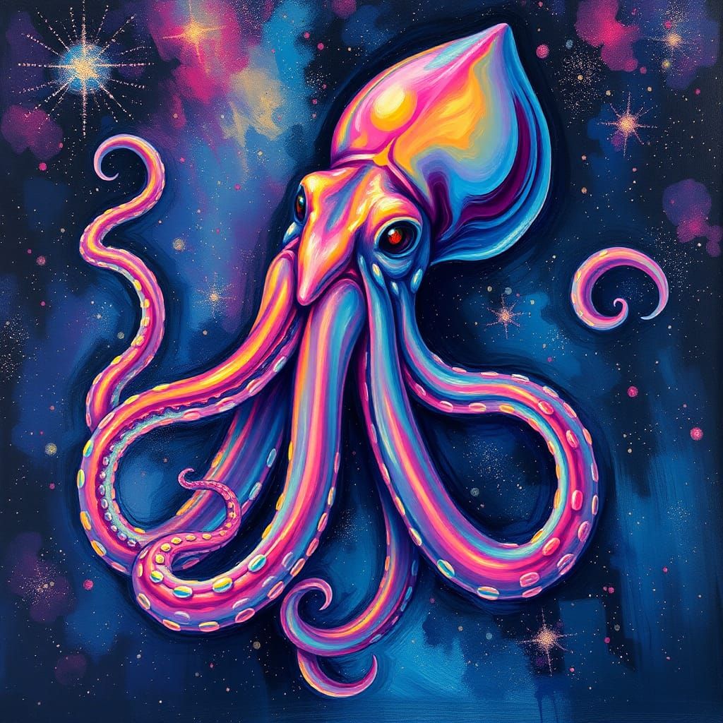 Luminescent Squid in Surreal Cosmic Dreamscape