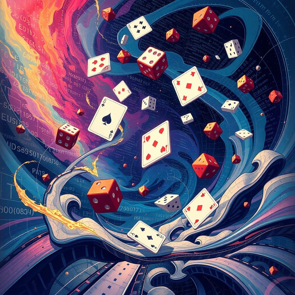 Quantum Whimsy: Swirling Cards and Dice in a Dreamlike Dance