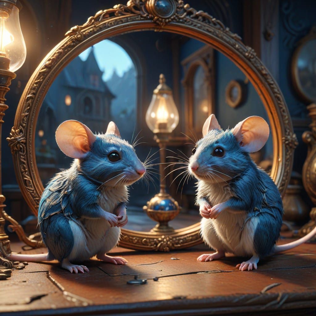 Mice in Whimsical Breton Caps Gaze in Ornate Mirror