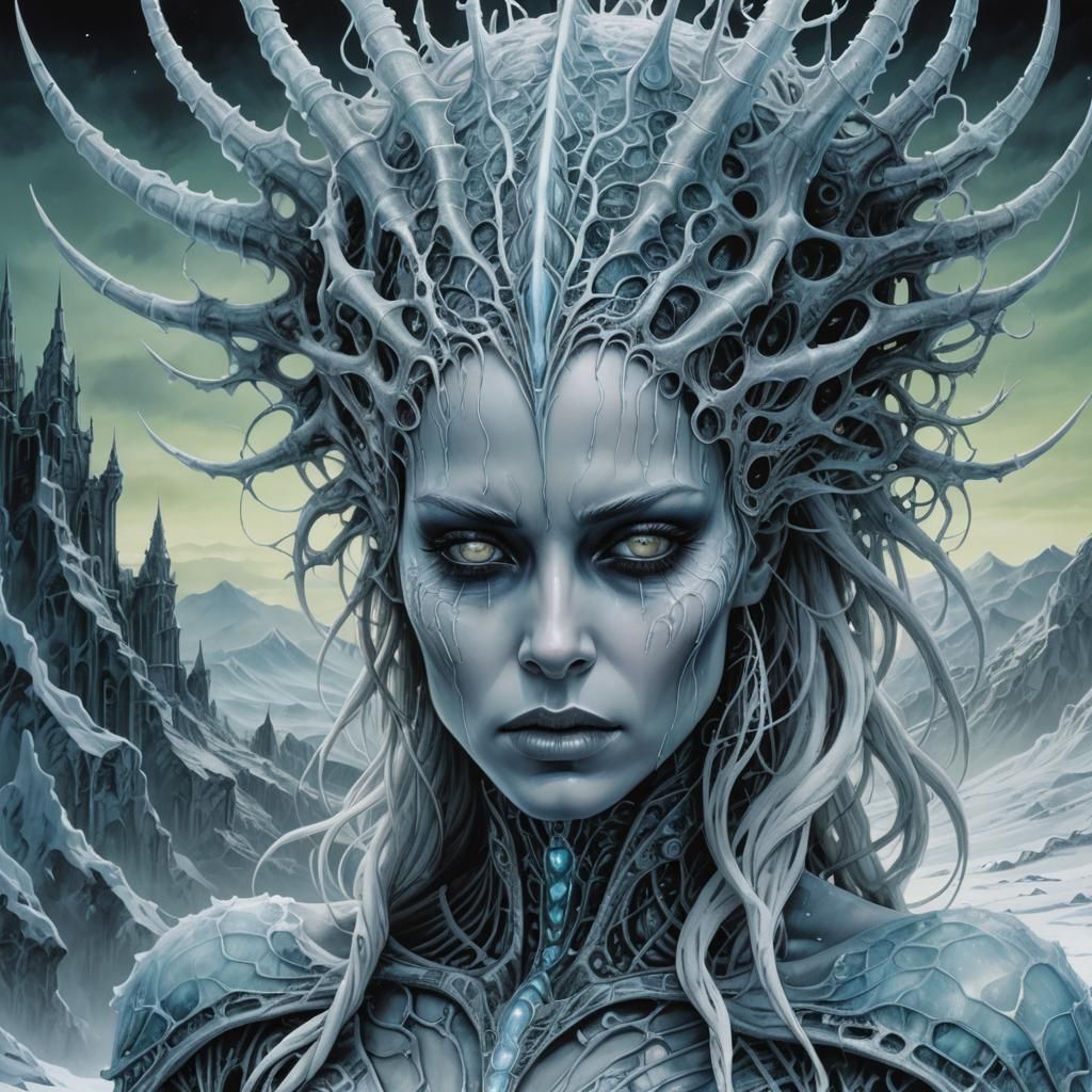 Surreal Horror Ice Queen with Biomechanical Tendrils