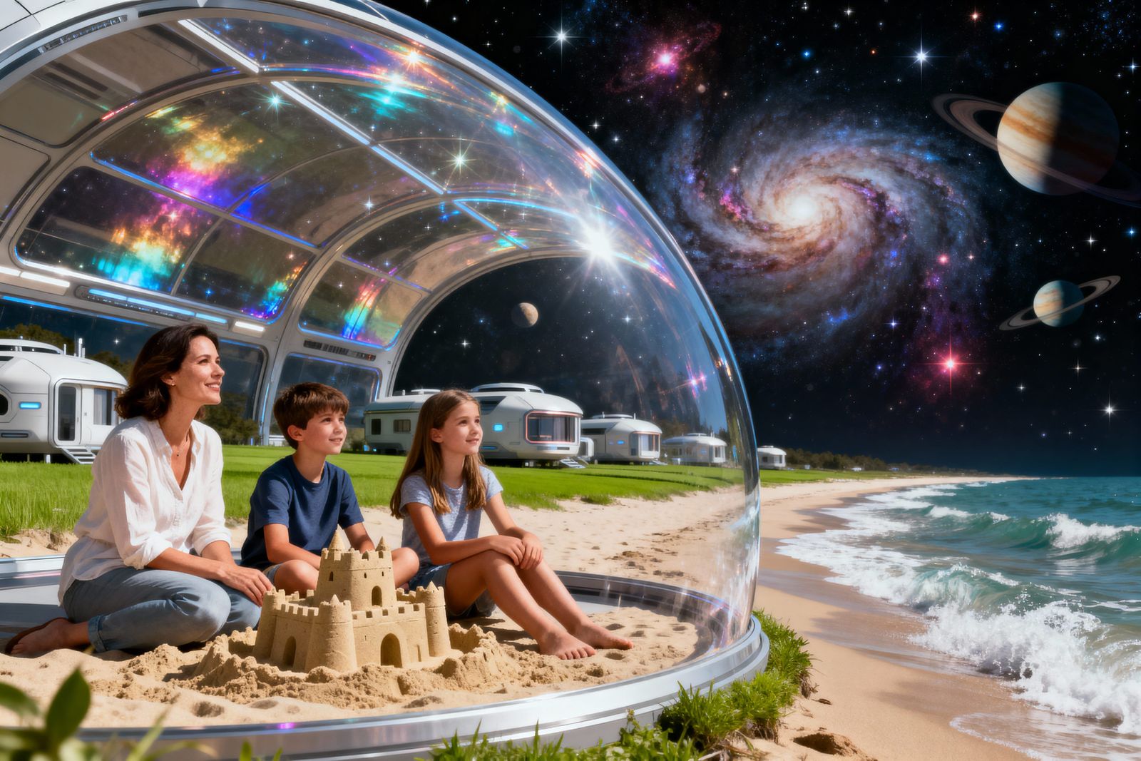 Family Photo Inside Space Ark Overlooking Galactic Beach