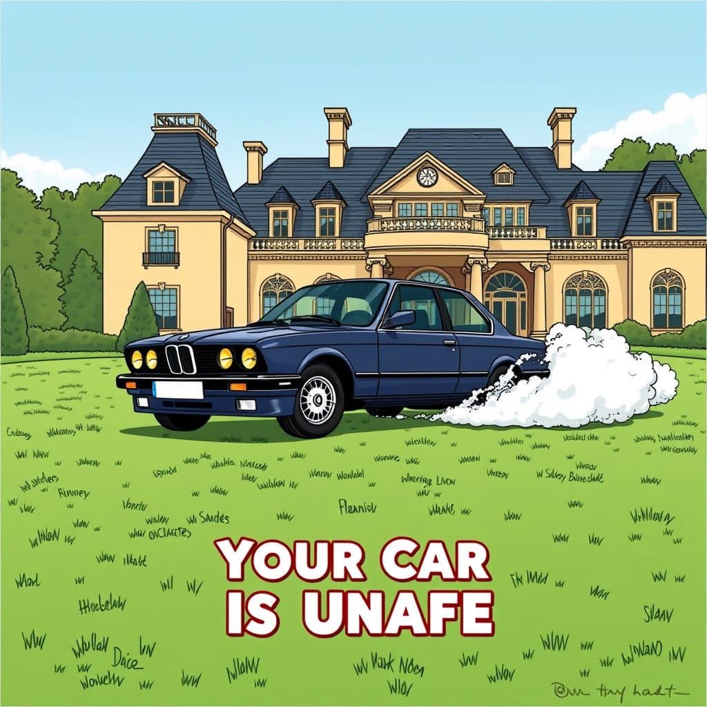 Retro Cartoon Poster of 1999 BMW 318Ti Doing Doughnuts on Ma...