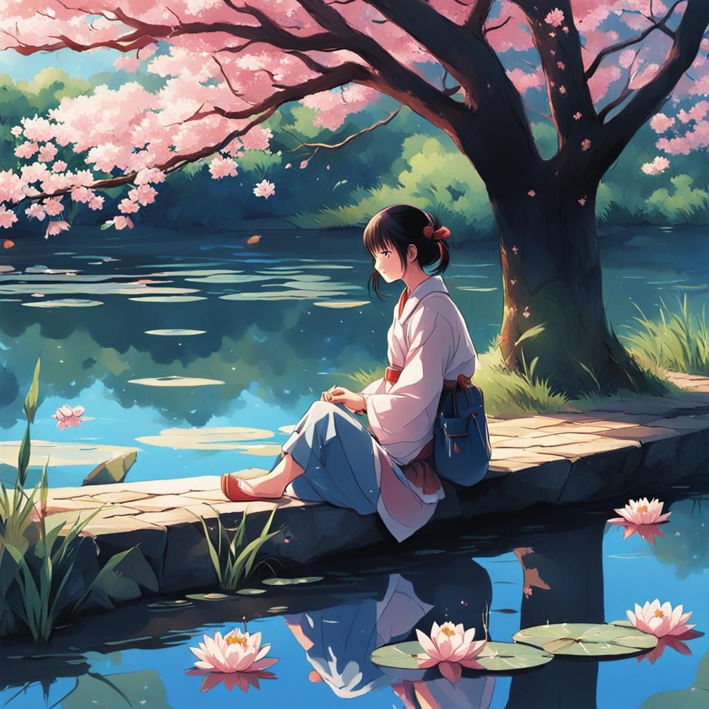 Anime Woman with Waterlilies and Cherry Blossoms