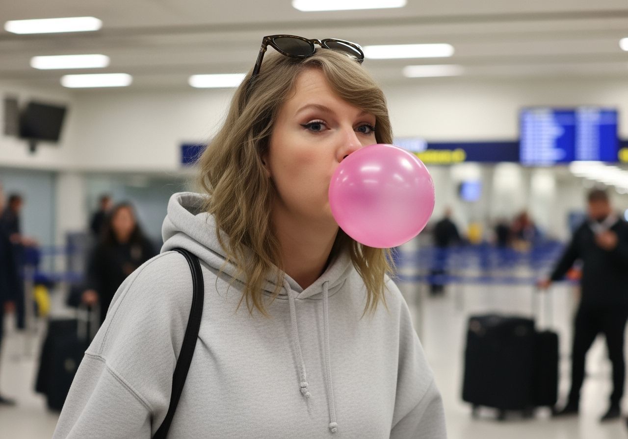 Candid Photo: Taylor Swift Blowing Bubblegum at Airport