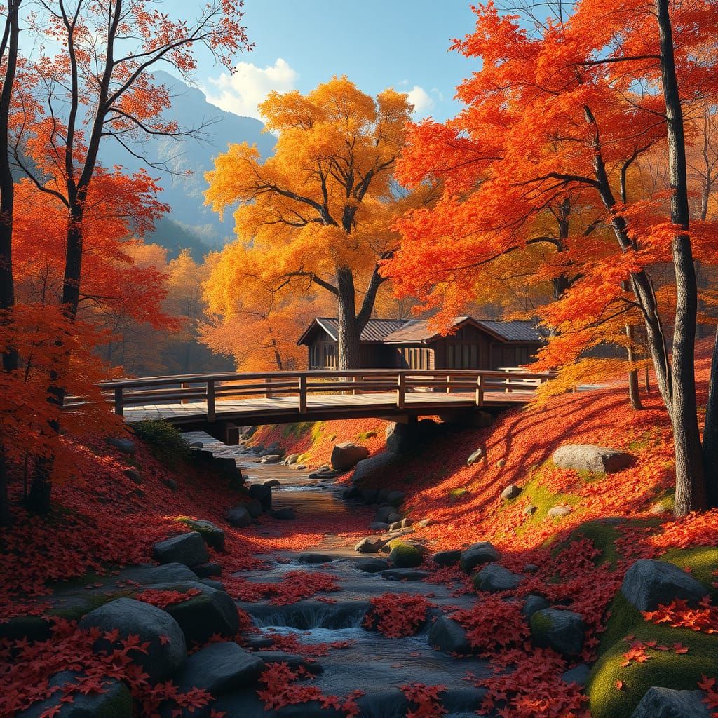 A photo of an autumn forest with a wooden bridge leading ove...